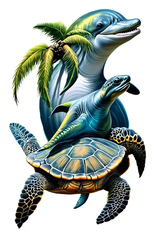 palm tree dolphin turtle tattoo design idea