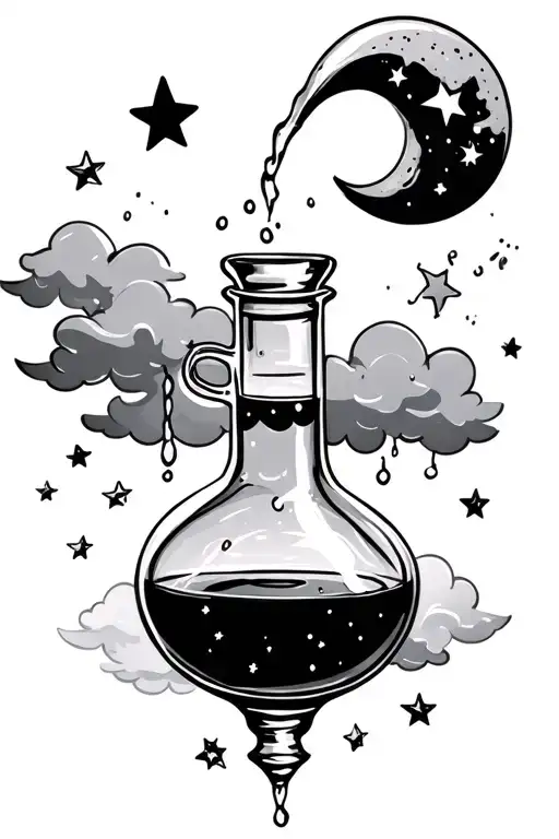 Potion Bottle pouring stars with moon and clouds floating tattoo design idea
