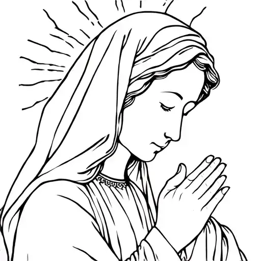mother Mary style women looking slightly down to the side, sun rays around head, wearing veil & doing prayer hands  tattoo design idea