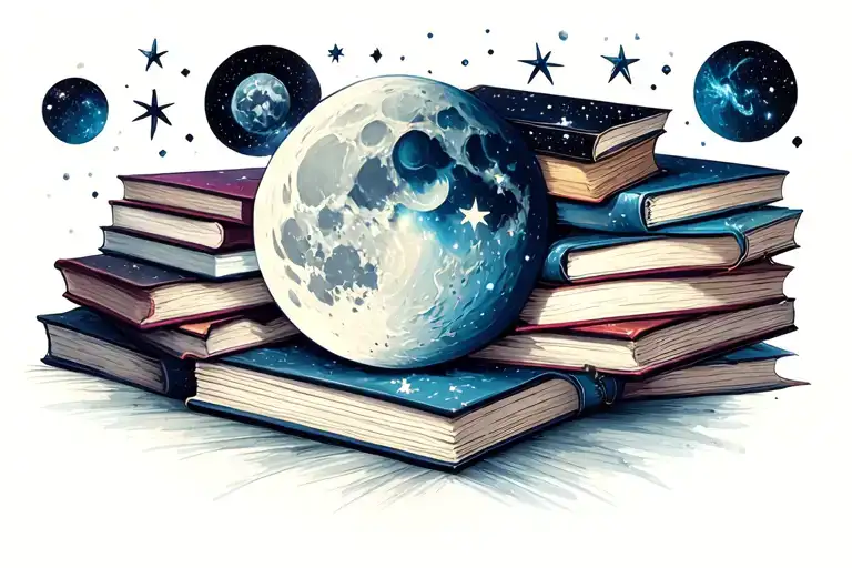 a small pile of books, all the moon cycles, stars surrounding, galaxy vibes tattoo design idea