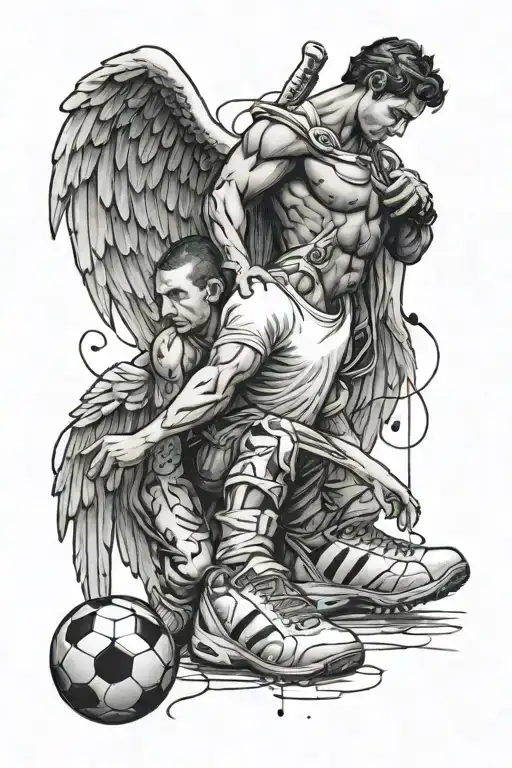 a man with a football at his foot standing with his arm around his friend with music notes above him looking at an angel tattoo design idea