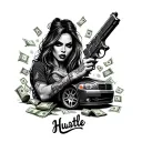 female gangster holding a gun surrounded by money, drugs, a car, and a quotes that says hustle tattoo design idea