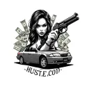 female gangster holding a gun surrounded by money, drugs, a car, and a quotes that says hustle tattoo design idea