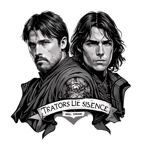 Quote “Traitors Lie in Silence” with elements refeering to Eren Yeager, Luke Skywalker and Paul Atreides tattoo design idea