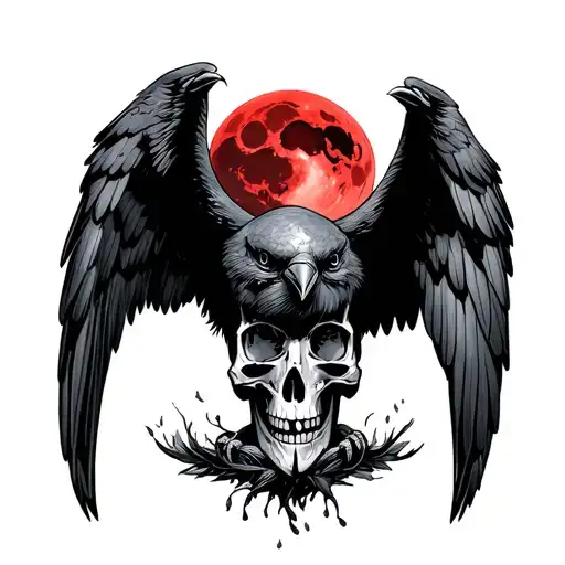 traditional style raven with open wings on a skull in front of a blood moon tattoo design idea