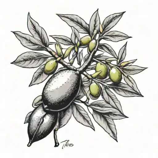 single olive branch sideways with greek text "with me forever" tattoo design idea