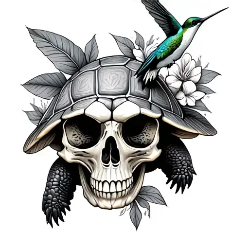 A turtle a skull, a hummingbird tattoo design idea