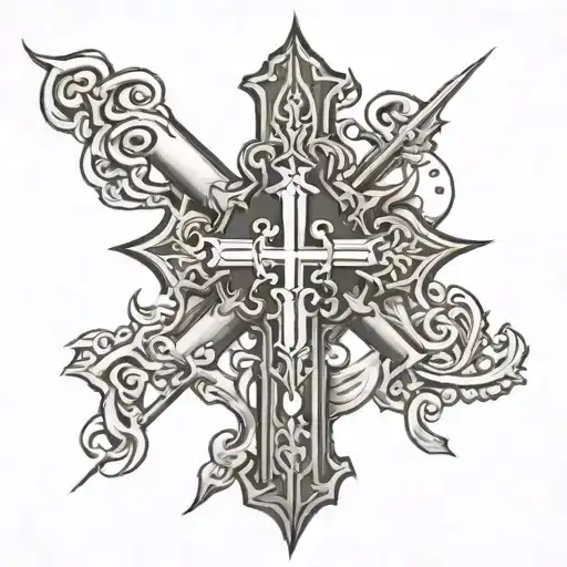 a tatto with a cross in the middle. then in one corner the leosymbol. in ther other there is the number 25 tattoo design idea