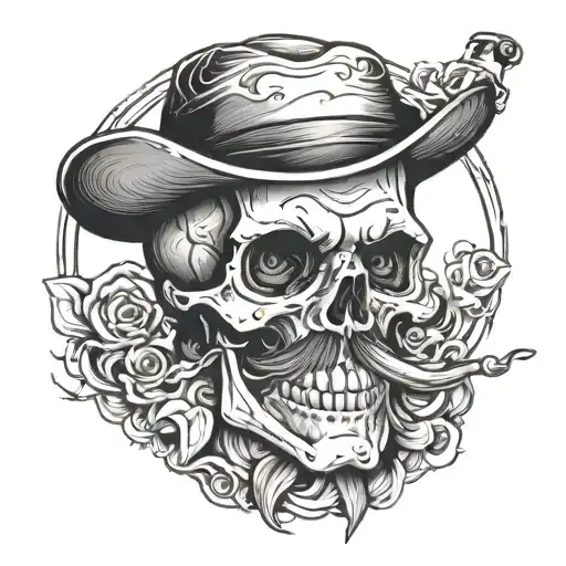 skull with mustache smoking cigar tattoo design idea