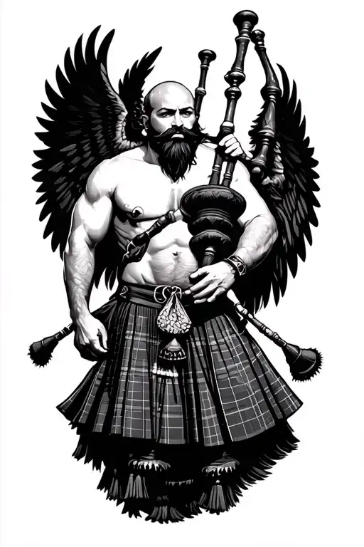 legless shirtless muscular bagpiper bald black beard playing bagpipes huge black wings tattoo design idea