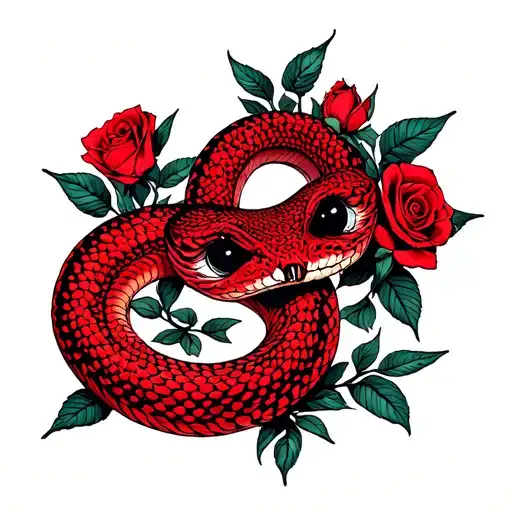 A red snake with black eyes that has red roses around it  tattoo design idea