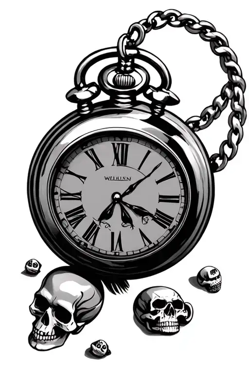3 pocket watches and small candy skulls surrounded tattoo design idea