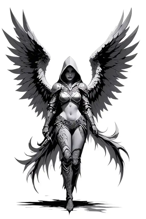 angel with tribal cyber wings with armor and a hood tattoo design idea