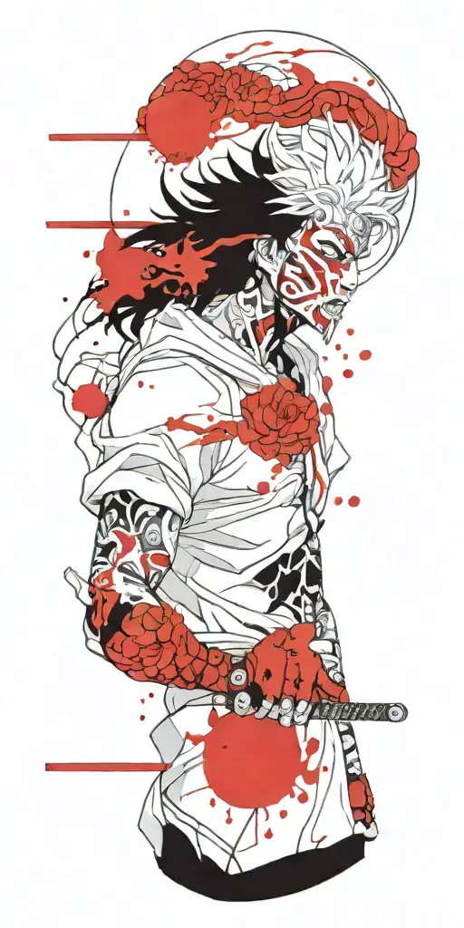 male anime character wearing oni mask holding swords fighting off inner demons  tattoo design idea