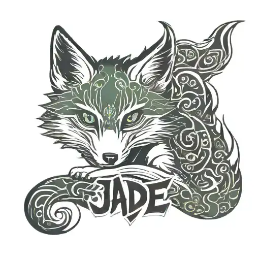 a kitsune and a r33 with the word "Jade" tattoo design idea
