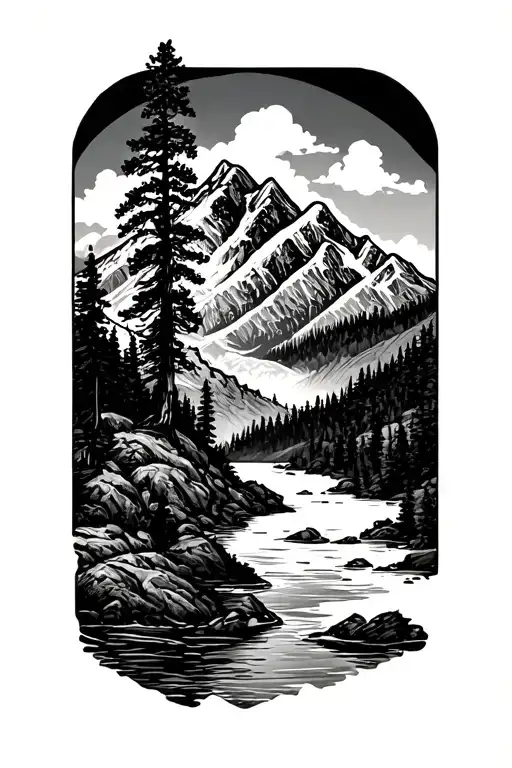 mountain range with tall tree and river tattoo design idea