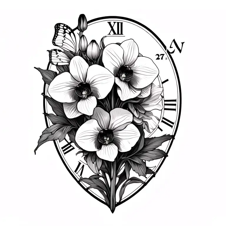 generate a tattoo for the shoulder with orchids, butterlies, and Gladiolus and Poppies with roman numerals for Aug 27 sl tattoo design idea