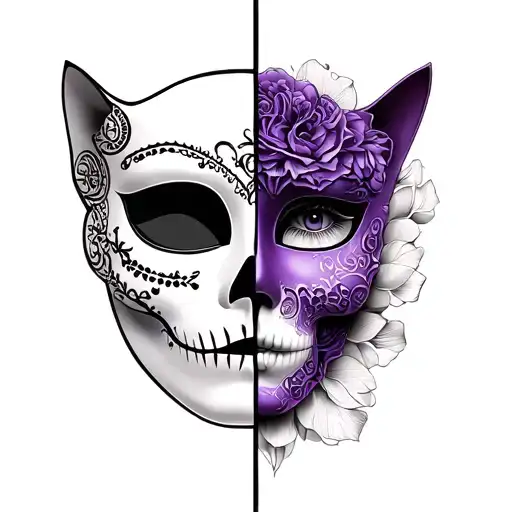 Half Venetian mask, half Catrina. Violet color tattoo design idea