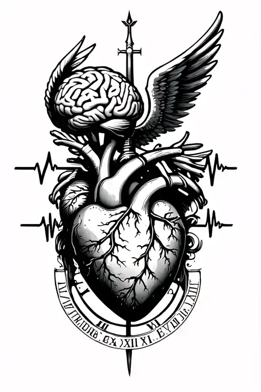 igris from solo leveling, a brain, and a heart with a heartbeat around it with the roman numerals III.XI.MMXXV and wings tattoo design idea