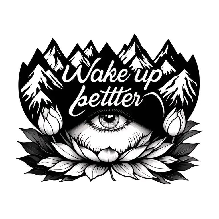 "wake up better" mountains, lotus, eye surrounded tattoo design idea