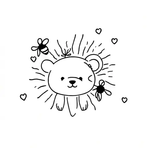 Baby bear, sunshine, and honey bee tattoo design idea