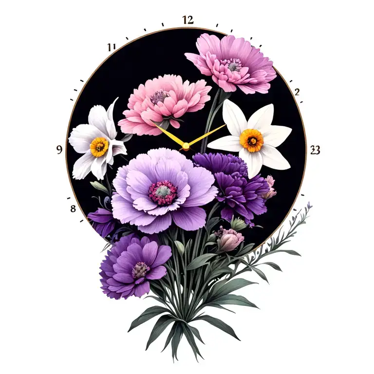 purple carnation white daffodil pink cosmos flowers a clock tattoo design idea