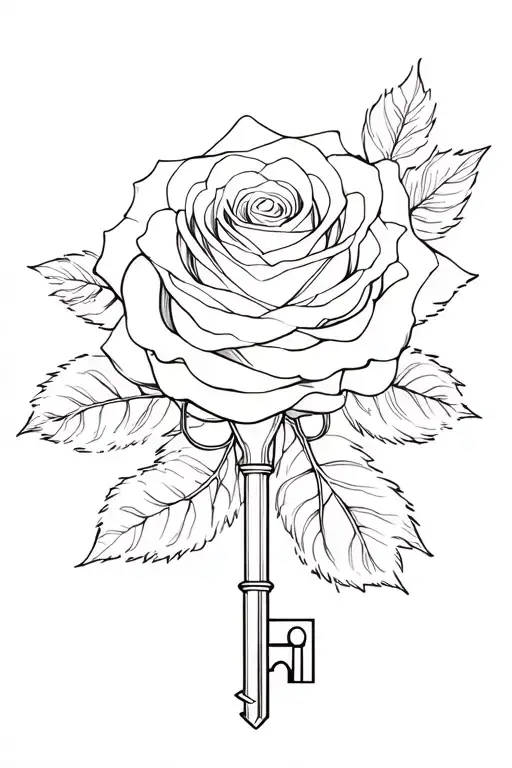 A drawing for a chest tattoo with a rose that wraps a floor key tattoo design idea