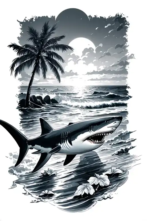 the beach and sharks tattoo design idea
