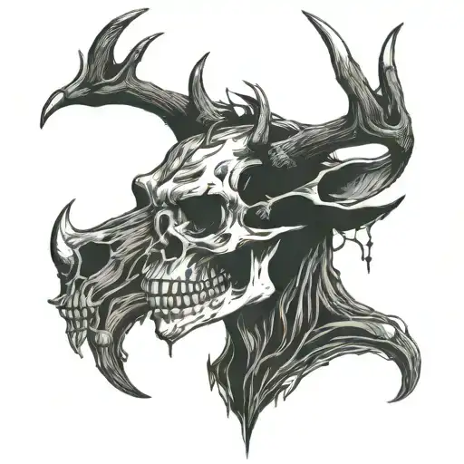 wendigo skull with antlers with half the skull as driftwoof tattoo design idea