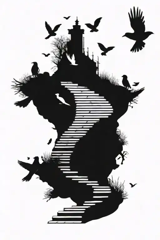 12 stone steps curved round going up with birds flying tattoo design idea