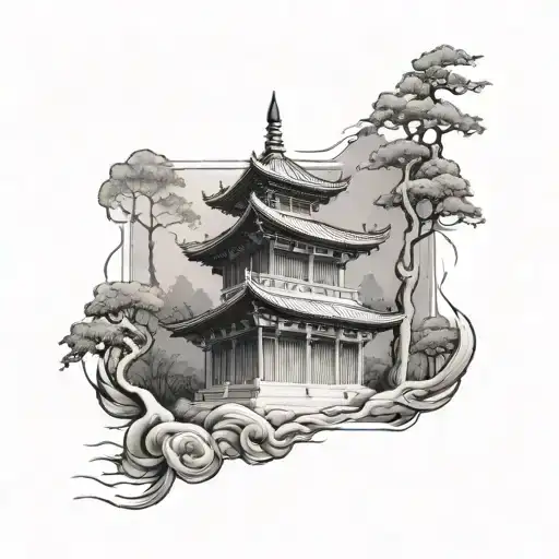 a pagoda coming out in prospective of a rectangular charm tattoo design idea