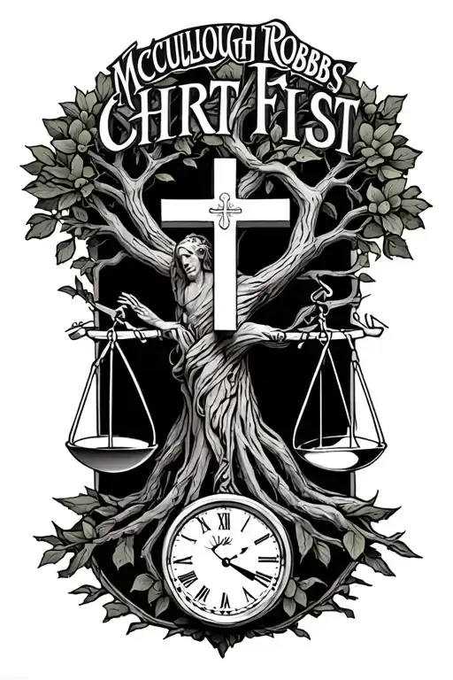 "McCullough Robbs Christ First" "McCullough Robbs Christ First" "McCullough Robbs"  tree of life intertwined with cross, libra scales and a hourglass  tattoo design idea