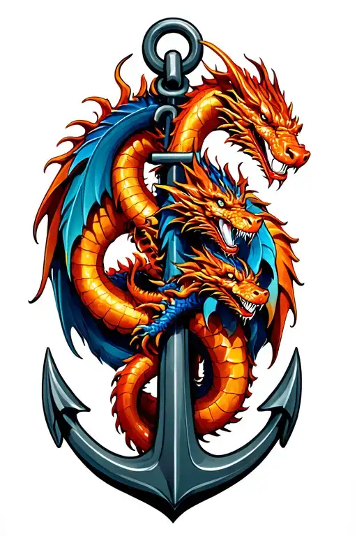 3 dragons wrapped around anchor  tattoo design idea