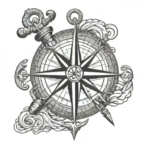 3D compass and anchor cross tattoo design idea