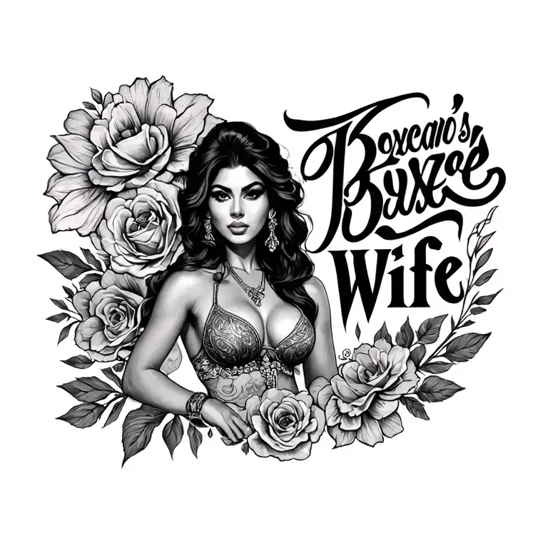 chicano lettering Boxer's Wife woman's chest tattoo design tattoo design idea
