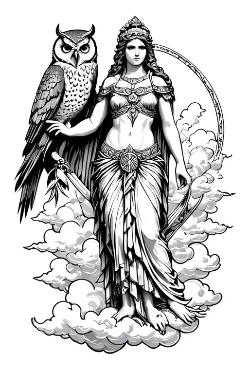 athena standing in clouds with owl in the background tattoo design idea