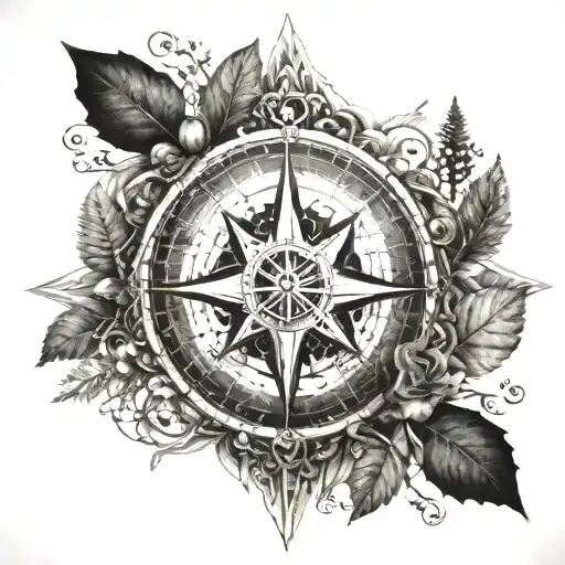 A detailed compass rose surrounded by elements of nature like trees and waves, symbolizing a passion for exploration and the outdoors tattoo design idea