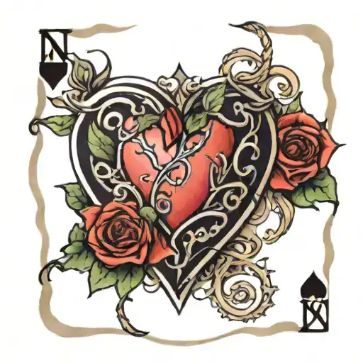 Heart covered with a rose and thorns on a playing card tattoo design idea