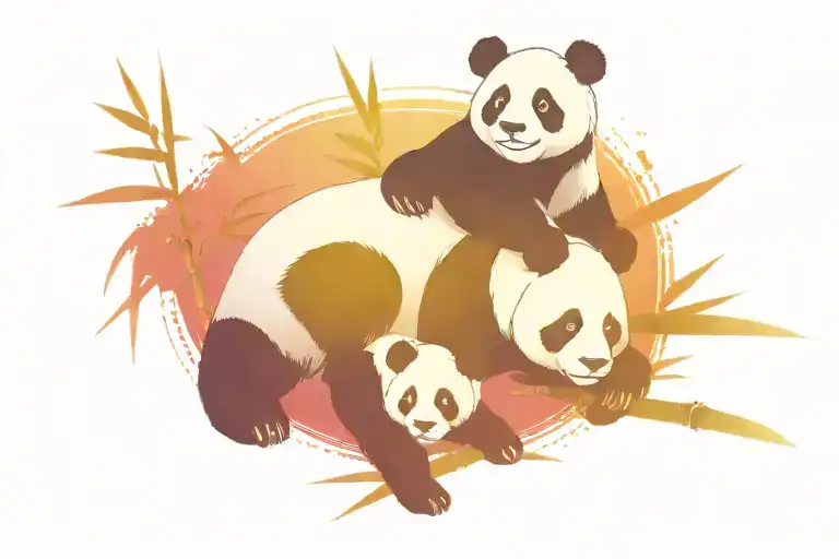 male panda with two cubs on a bamboo tattoo design idea