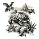 rice fields and waterfall and turtle swimming tattoo design idea