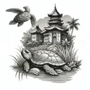 rice fields and waterfall and turtle swimming tattoo design idea