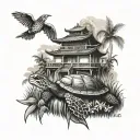 rice fields and waterfall and turtle swimming tattoo design idea