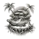 rice fields and waterfall and turtle swimming tattoo design idea