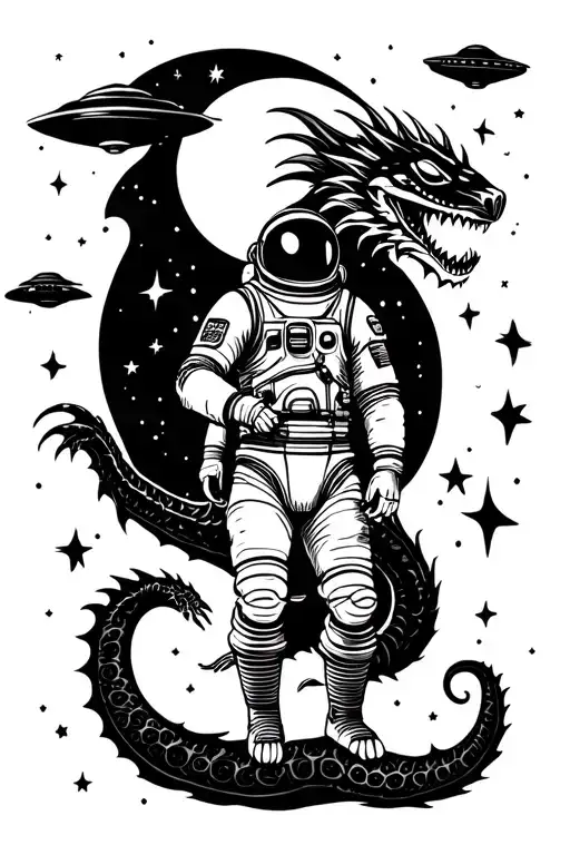 sky is the limit astronaut with moon and starts with a dragon and ufo tattoo design idea
