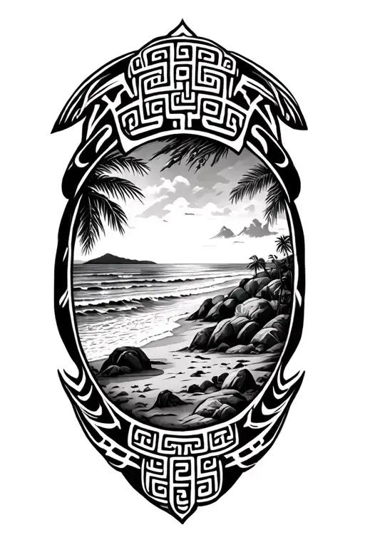   more symmetrical Greek key arm band worked into tribal tattoo with beach scene  tattoo design idea