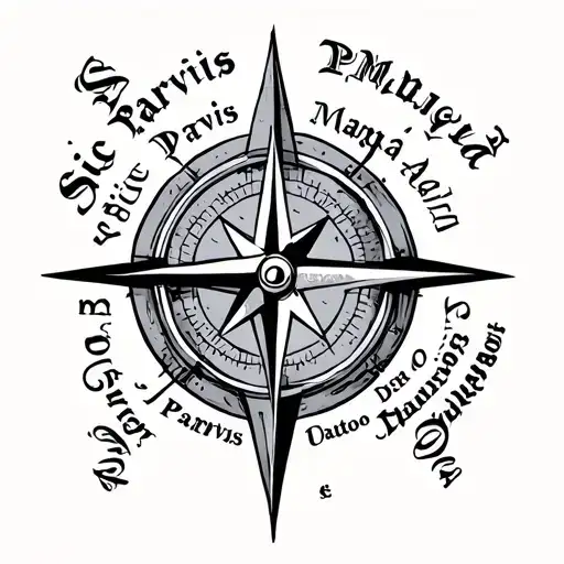 Small black and gray tattoo design featuring a minimal compass icon above the Latin quote "Sic Parvis Magna", clean seri tattoo design idea