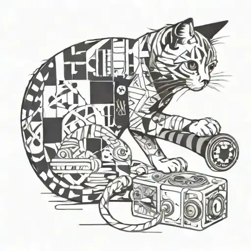 A cat with a film reel wrapped around its tail tattoo design idea