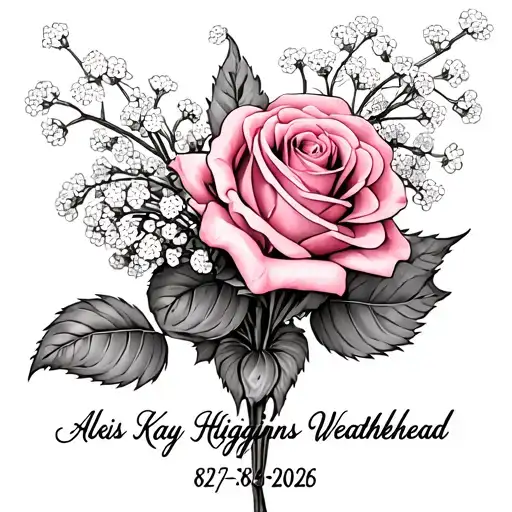 pink rose and baby breath bouquet with the words Alexis Kay Higgins-Weatherhead 8/23/2006-6/2/2025 tattoo design idea