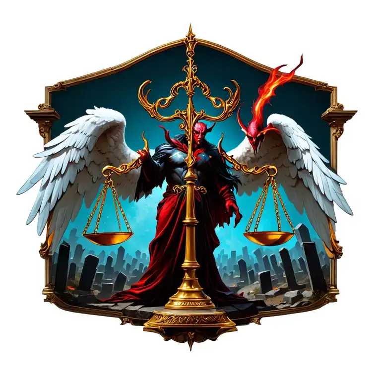 "More scary and realistic " scales good vs evil, hero angel left , devil lucifer as terriffying right, , graveyard whole background bottom little an tattoo design idea