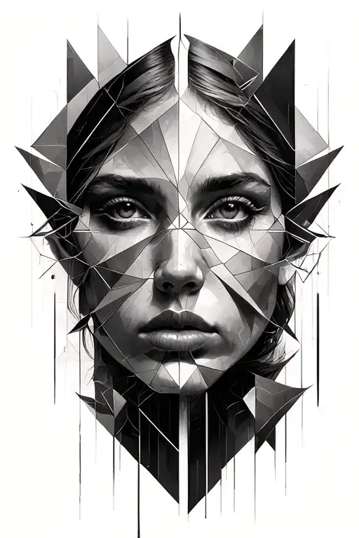 Geometric elements drawn with thin linesThe face from the painting Fallen Angelin Roman numerals: 29.08.2012, 11.11.2016 tattoo design idea